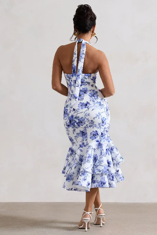 Arla | Blue Floral Print Halter-Neck Ruffle Trim Midi Dress