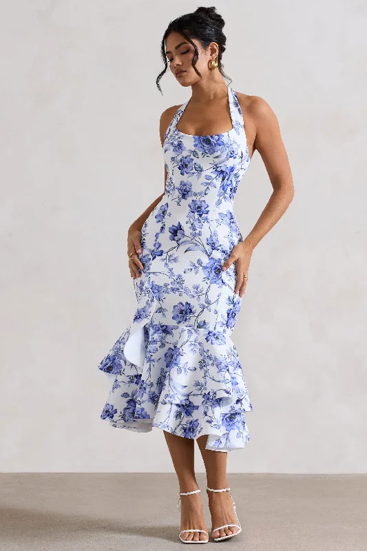 Arla | Blue Floral Print Halter-Neck Ruffle Trim Midi Dress