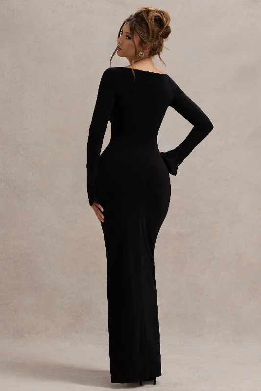 Cosmos | Black Asymmetric Long-Sleeve Split Maxi Dress