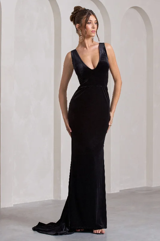 Elisabetta | Black Velvet Plunge-Neck Fishtail Maxi Dress