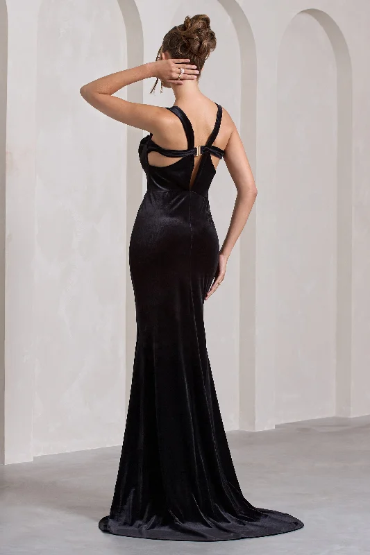 Elisabetta | Black Velvet Plunge-Neck Fishtail Maxi Dress