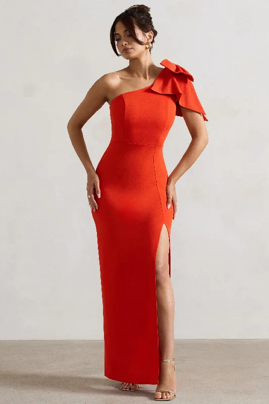 Elowen | Orange Asymmetric Maxi Dress With Bow