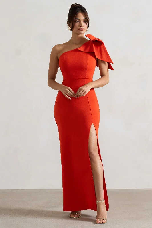 Elowen | Orange Asymmetric Maxi Dress With Bow