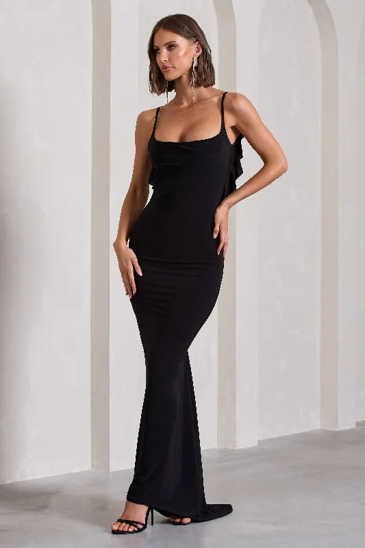 Flute | Black Bodycon Maxi Dress With Ruched Ruffled Back