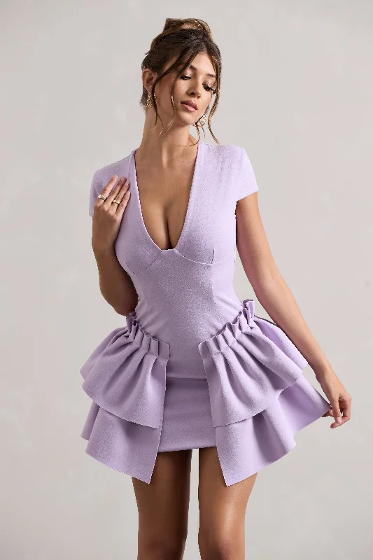 Genevieve | Lilac Plunge-Neck Mini Dress With Layered Hem