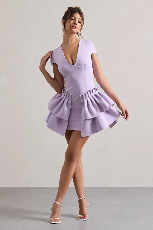 Genevieve | Lilac Plunge-Neck Mini Dress With Layered Hem