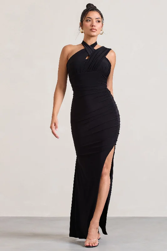 Ignite | Black Strappy Halter-Neck Asymmetric Maxi Dress