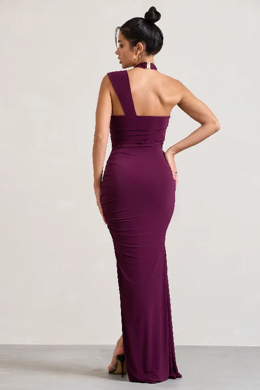 Ignite | Burgundy Strappy Halter-Neck Asymmetric Maxi Dress