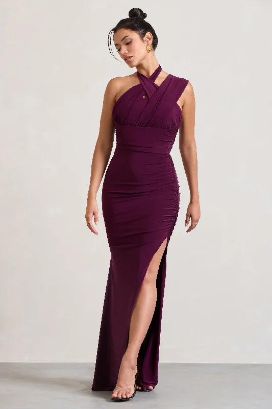 Ignite | Burgundy Strappy Halter-Neck Asymmetric Maxi Dress