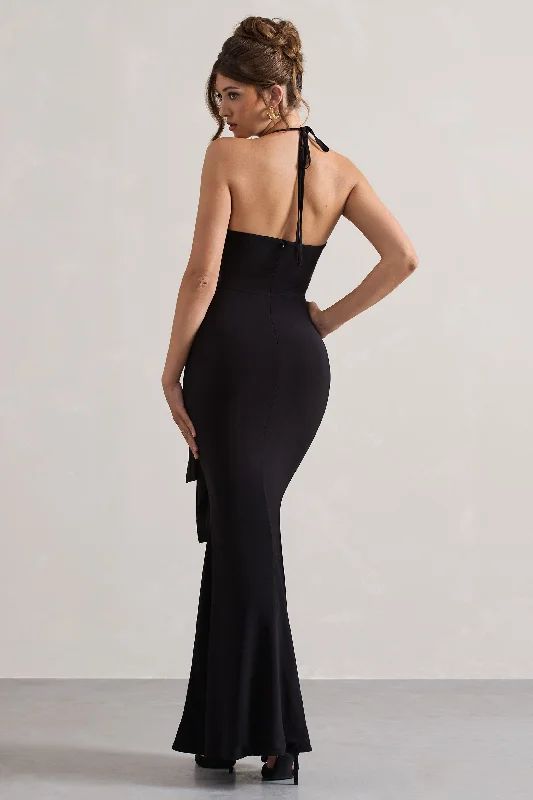 Janelle | Black Halter-Neck Gathered Drape Maxi Dress