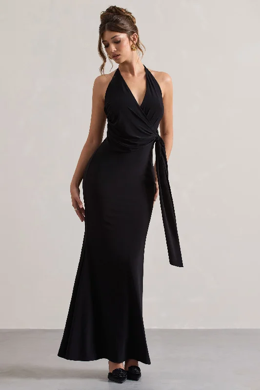 Janelle | Black Halter-Neck Gathered Drape Maxi Dress