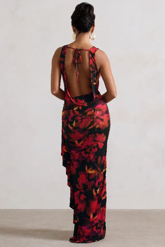 Kaida | Red Floral Print Cowl-Neck Ruffled Split Maxi Dress