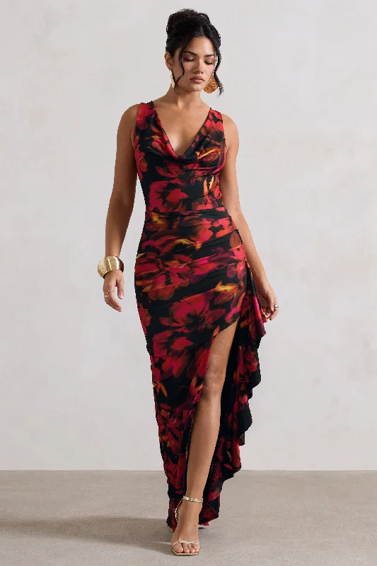 Kaida | Red Floral Print Cowl-Neck Ruffled Split Maxi Dress