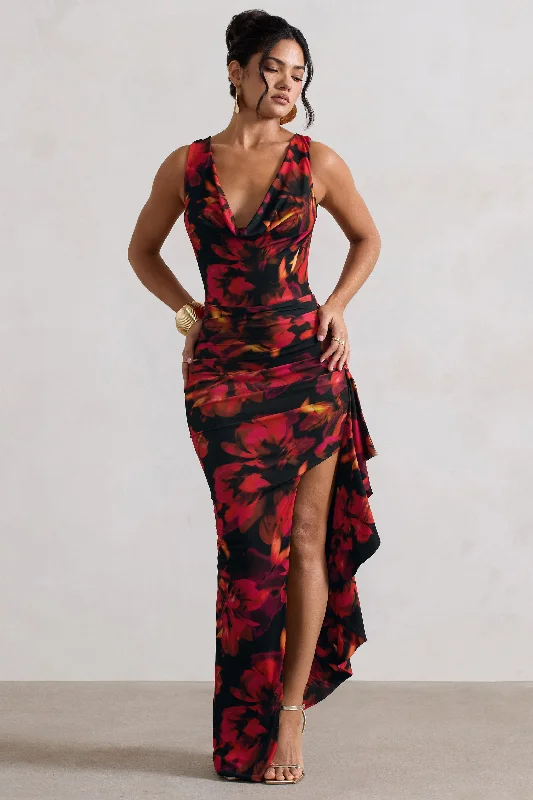 Kaida | Red Floral Print Cowl-Neck Ruffled Split Maxi Dress