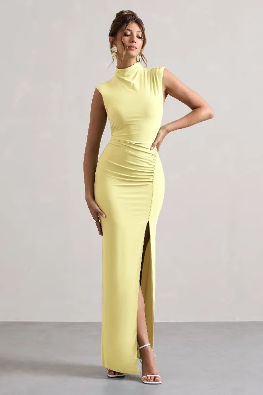 Lanetta | Lemon Ruched High-Neck Maxi Dress With Split