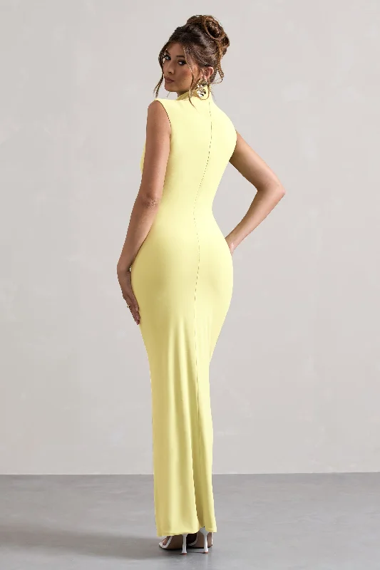 Lanetta | Lemon Ruched High-Neck Maxi Dress With Split