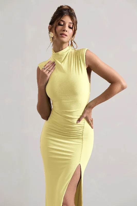 Lanetta | Lemon Ruched High-Neck Maxi Dress With Split