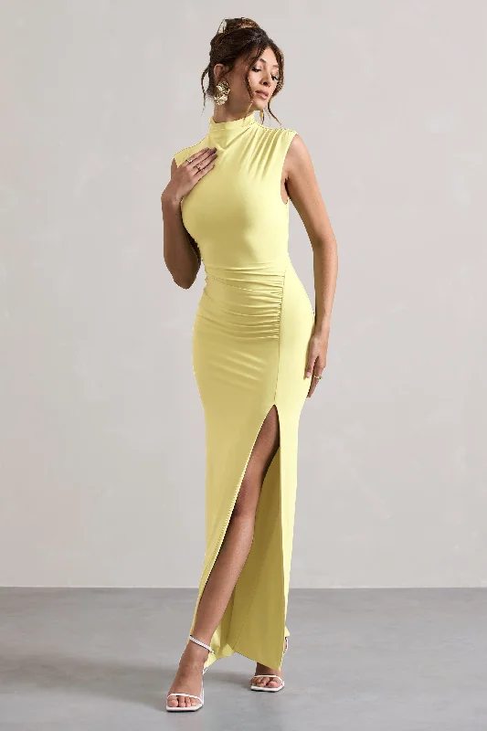 Lanetta | Lemon Ruched High-Neck Maxi Dress With Split