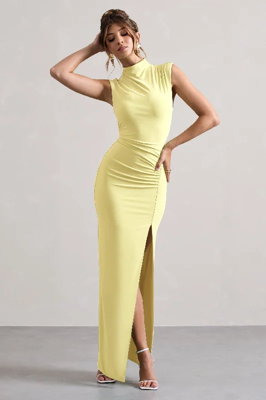 Lanetta | Lemon Ruched High-Neck Maxi Dress With Split