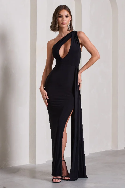 Lavish | Black One Shoulder Drape Maxi Dress