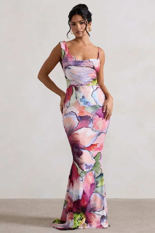 Phantasy | Pink Floral Print Asymmetric Neckline Cowl Maxi Dress