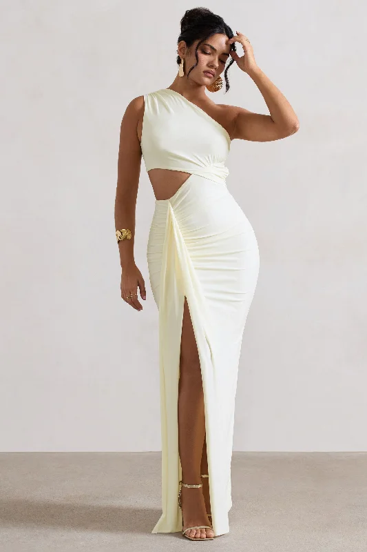 Rhodes | Ecru One-Shoulder Cut-Out Split Maxi Dress With Drape