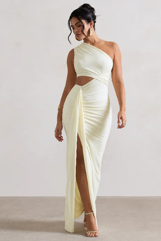 Rhodes | Ecru One-Shoulder Cut-Out Split Maxi Dress With Drape