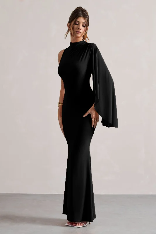 Samaya | Black High-Neck Cape-Sleeve Maxi Dress