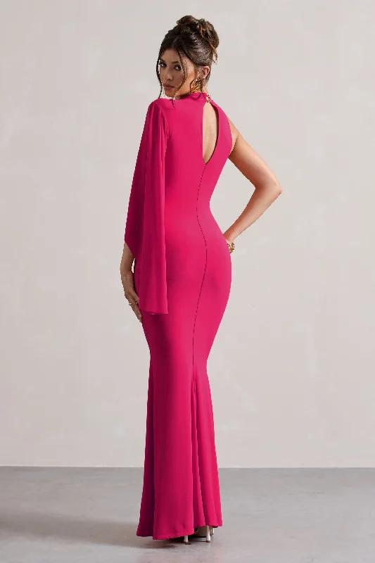 Samaya | Pink High-Neck Cape-Sleeve Maxi Dress