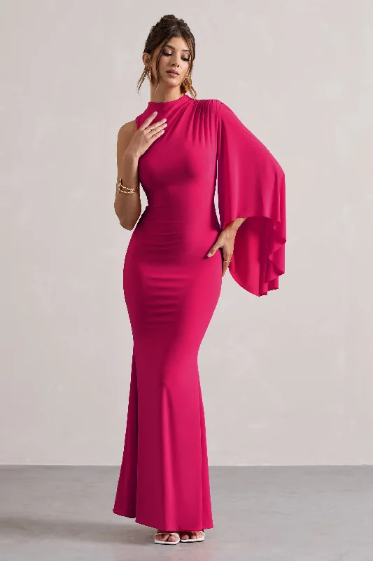 Samaya | Pink High-Neck Cape-Sleeve Maxi Dress