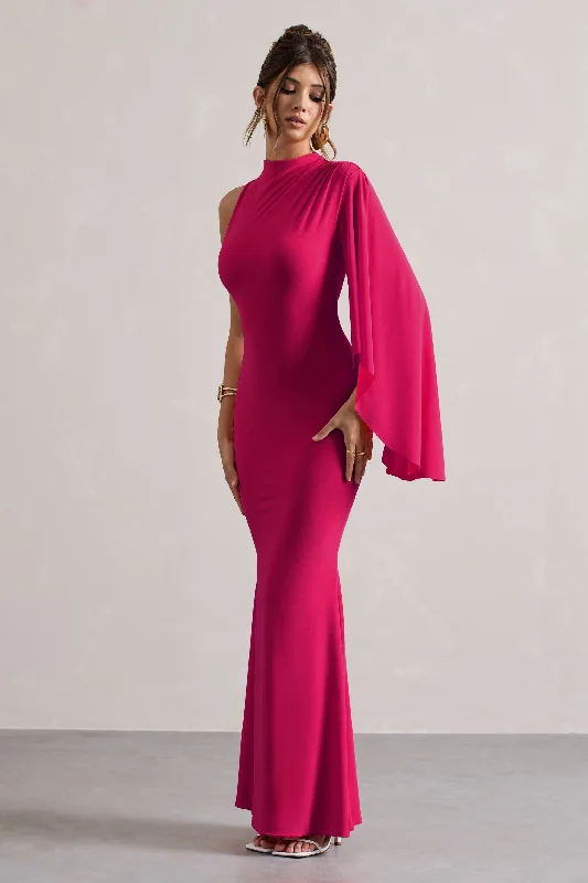 Samaya | Pink High-Neck Cape-Sleeve Maxi Dress