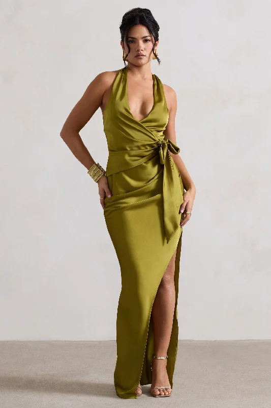 Santorini | Olive Satin Plunge-Neck Wrap Maxi Dress