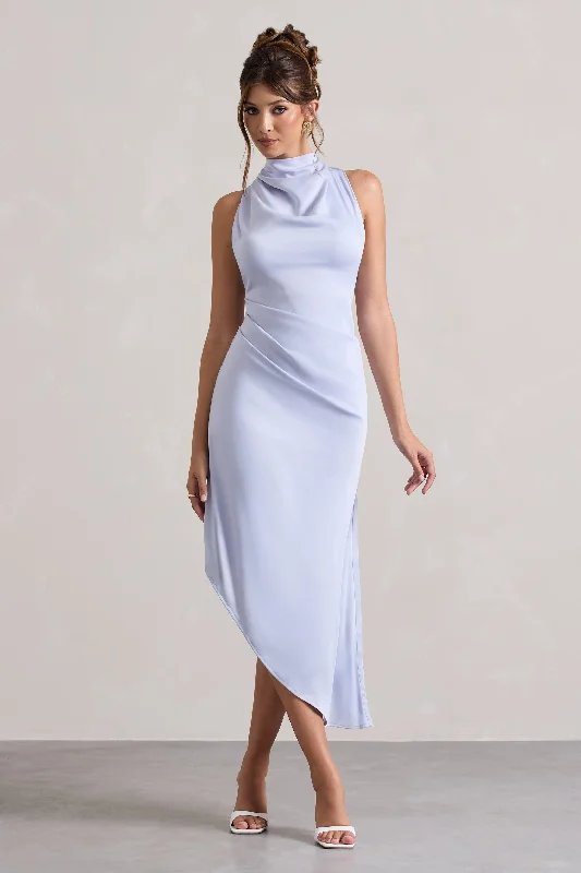 Sophina | Sky Blue Satin Cowl-Neck Asymmetric Midi Dress