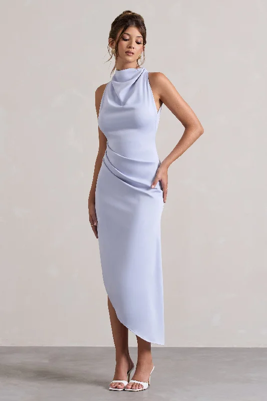 Sophina | Sky Blue Satin Cowl-Neck Asymmetric Midi Dress