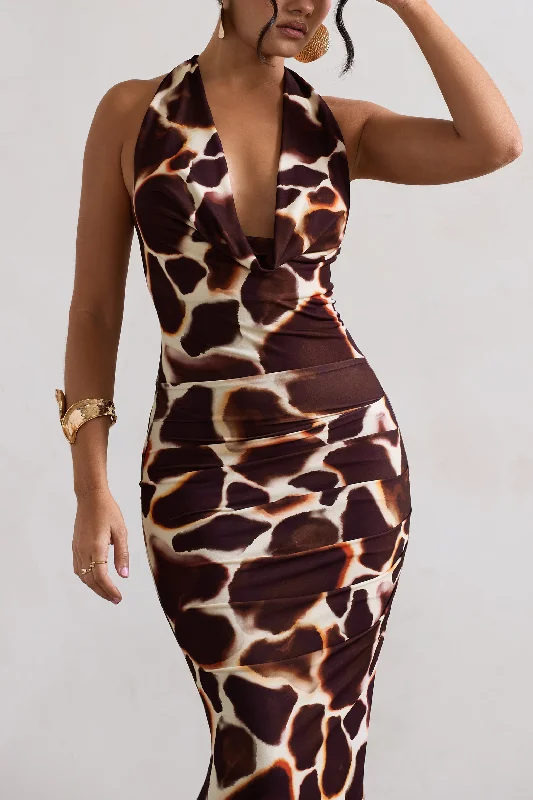 Tulum | Giraffe Print Cowl-Neck Gathered Split Maxi Dress