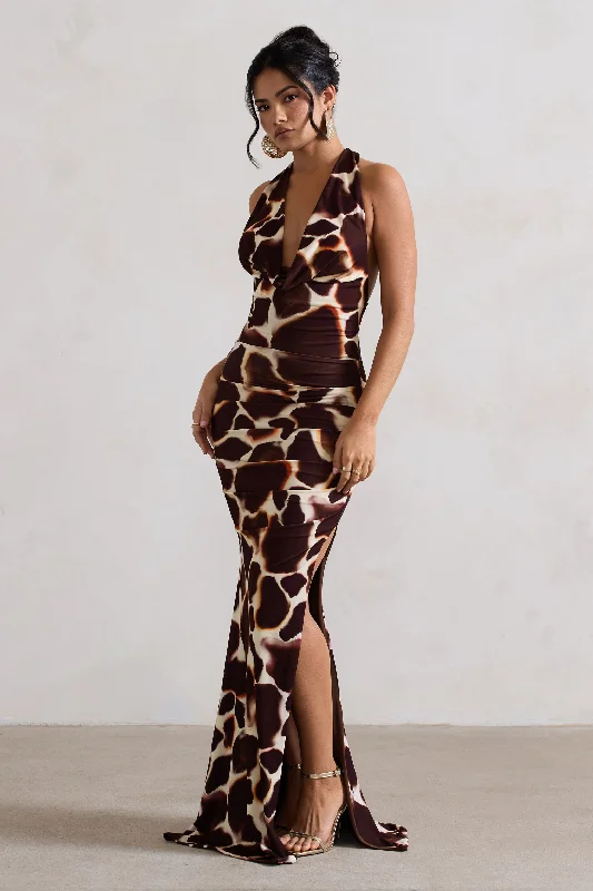 Tulum | Giraffe Print Cowl-Neck Gathered Split Maxi Dress