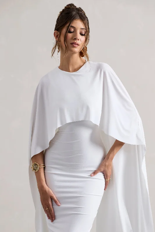 Vana | White Draped Midi Dress With Cape Sleeves