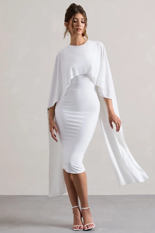 Vana | White Draped Midi Dress With Cape Sleeves