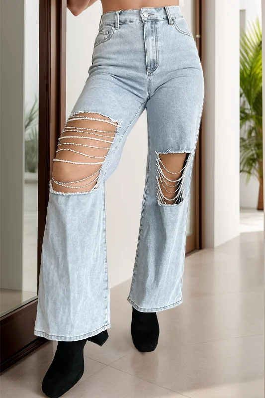 Hot Girl Distressed Beaded Chain Straight Leg Jeans