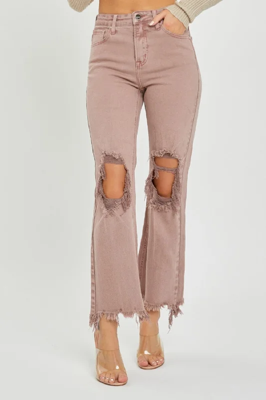 Hot Girl X RISEN Distressed Ankle Bootcut Jeans In Mauve