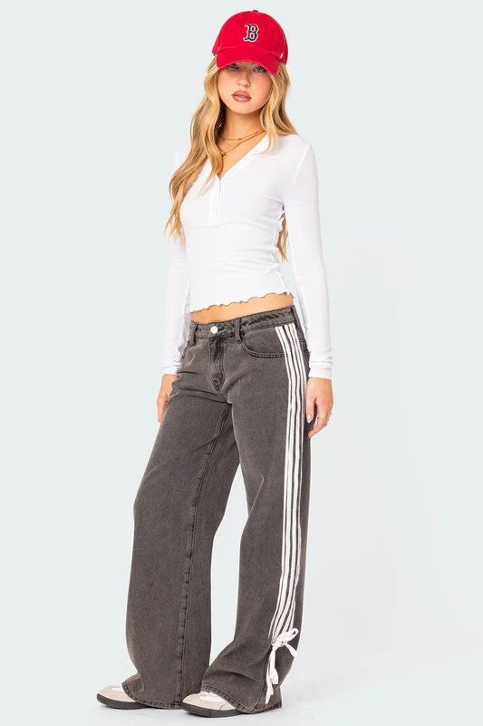 Hot Girl Mid Rise Track Striped Wide Leg Jeans In Black