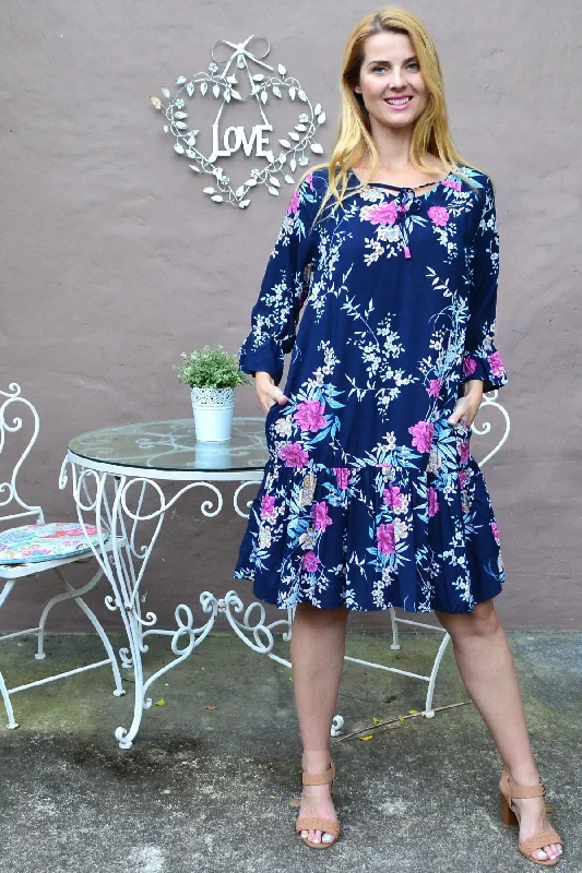 Navy Carnation Flower Sleeve Tunic Dress