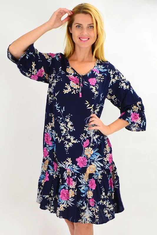 Navy Carnation Flower Sleeve Tunic Dress