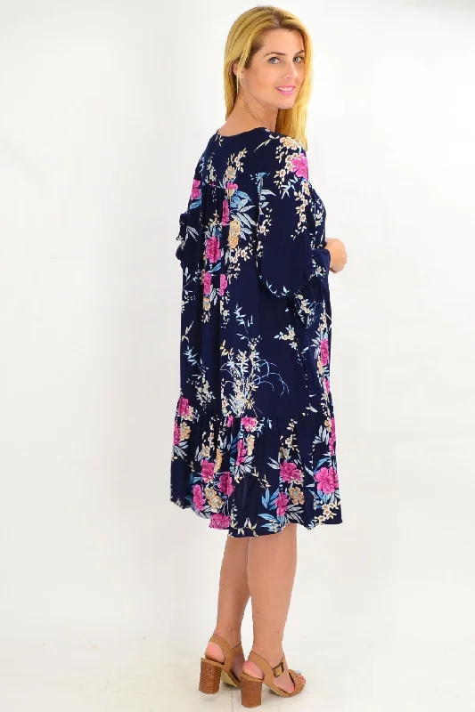 Navy Carnation Flower Sleeve Tunic Dress