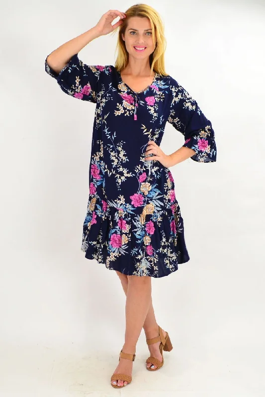 Navy Carnation Flower Sleeve Tunic Dress