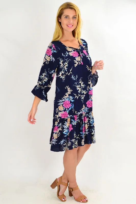 Navy Carnation Flower Sleeve Tunic Dress