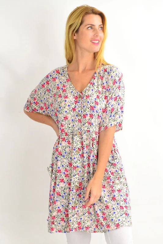 White Coconut Button Pocket Tunic Dress