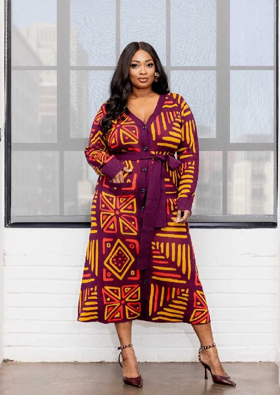 Aisha Women's African Print Cardigan (Plum Gold Tribal)