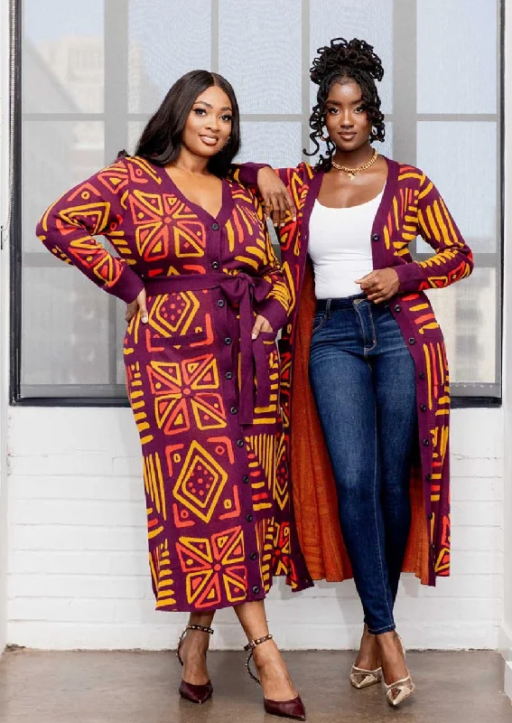 Aisha Women's African Print Cardigan (Plum Gold Tribal)