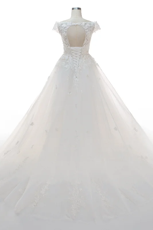 A-Line Court Train Tulle Elastic Satin Wedding Dress CW2327